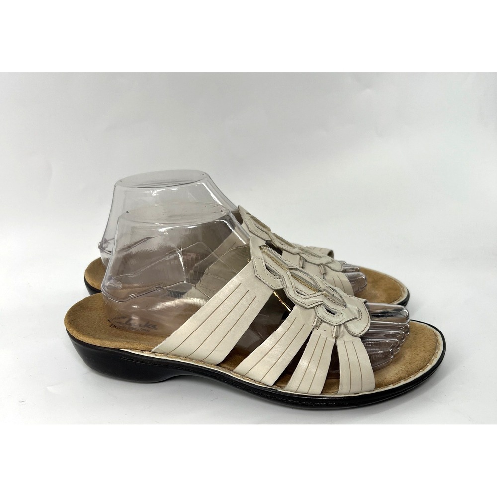 Clarks Women's 9 M Off White Leather Slide Sandals Comfort Strappy Shoes